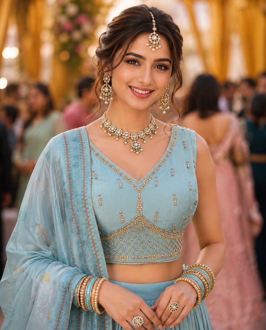 BLUE - Aqua Blue Tissue Readymade Lehenga Choli with Embroidered and Zari Work
